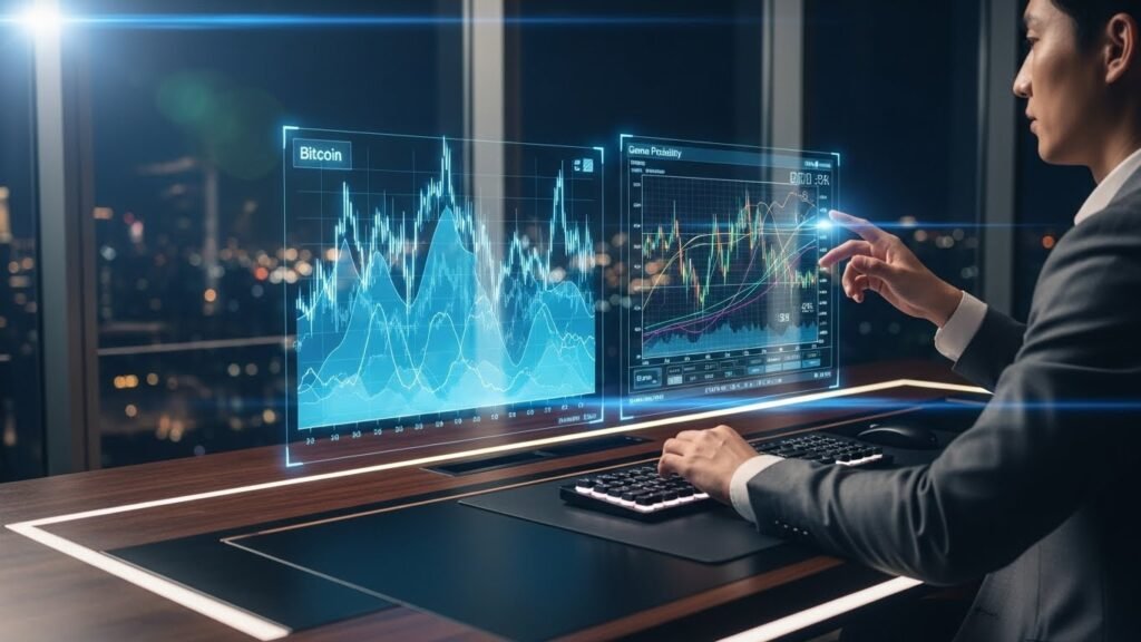 비트코인 고래 신호와 게임 확률 차트를 대조 분석하는 전문가의 모습