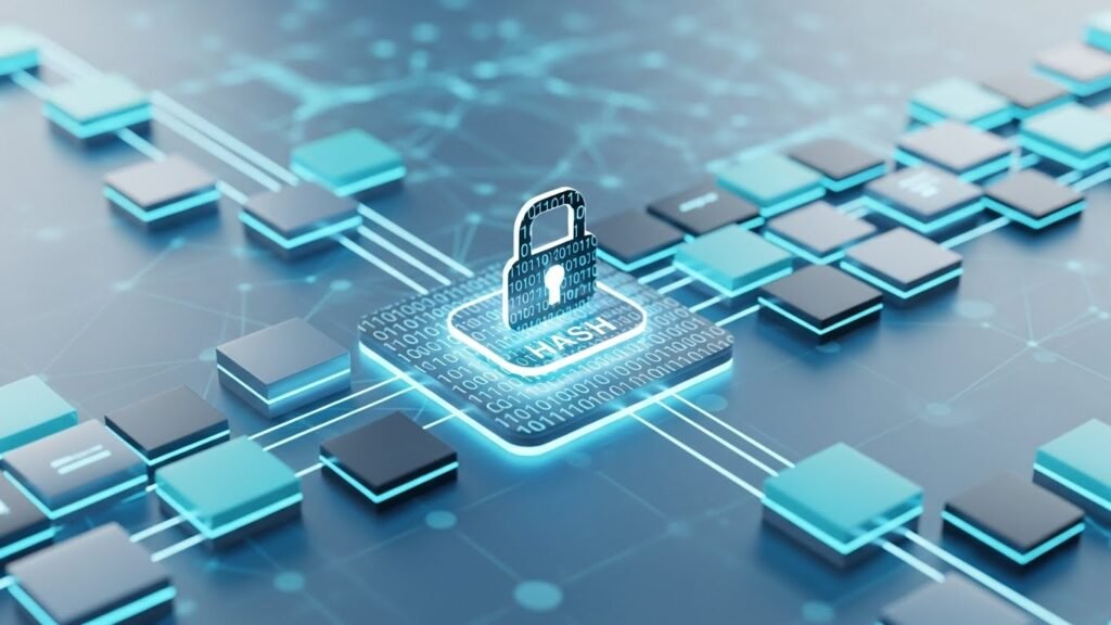  블록체인 해시 무결성을 보여주는 분산 검증 플로우