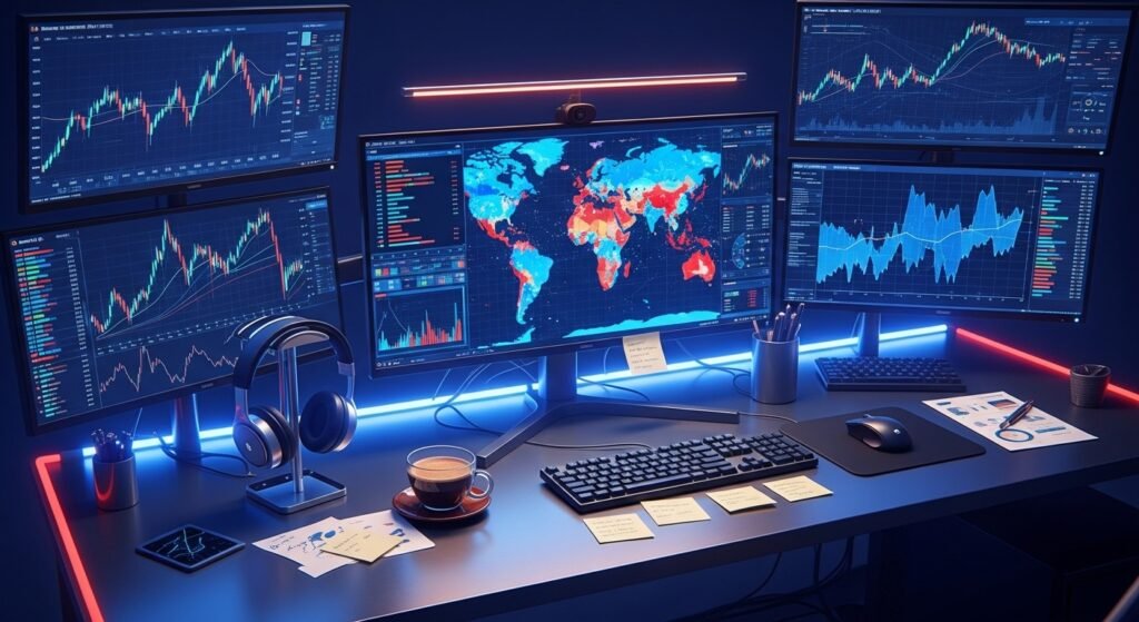 글로벌 금융 데이터와 위험 분석 차트를 보는 전문가