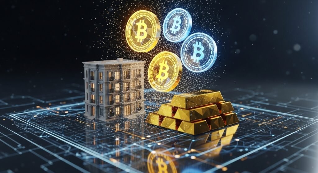 부동산과 금이 블록체인 노드를 통해 디지털 코인으로 변환되는 개념도